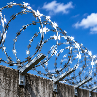 Military Style Razor Barbed Wire Security Perimeter Fence Rusty Razor Barbed Wire Coil on Old Security Fence